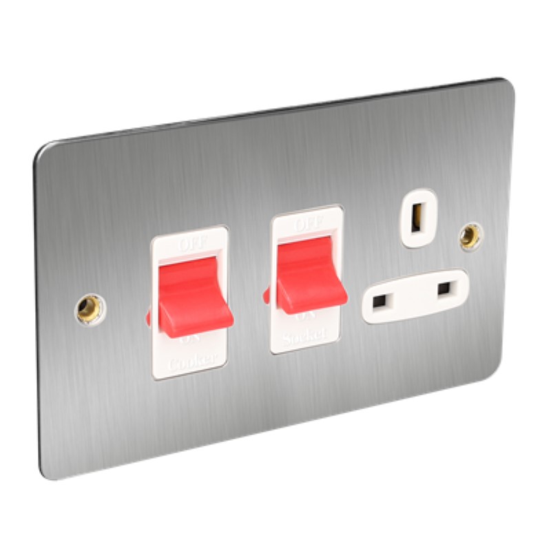 Flat Plate 45A Cooker Switch Plus Socket *Satin Chrome/White Ins